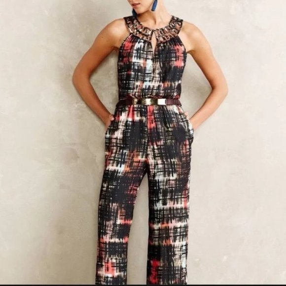 Anthropologie ELEVENSES Abstract Plaid Jumpsuit Cut-Out Yoke Brushstroke Sz S - Picture 2 of 12